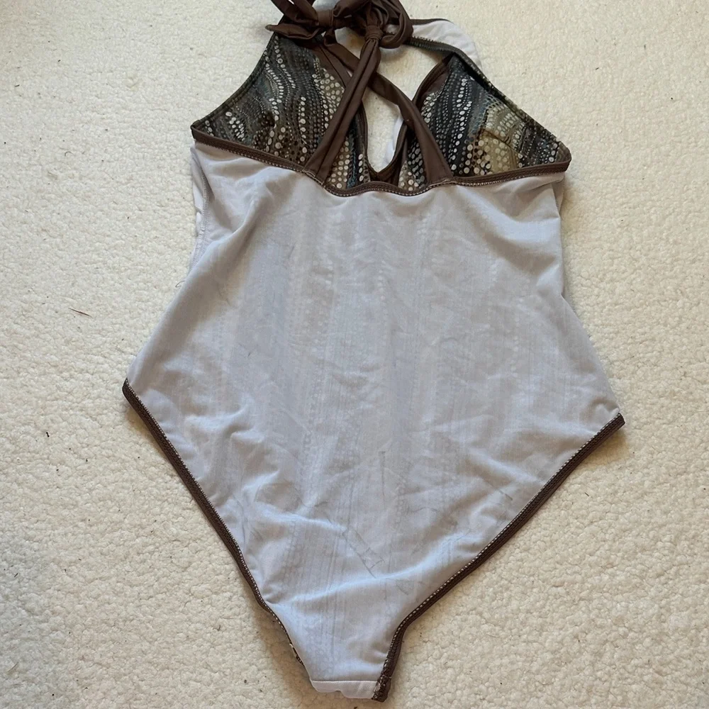 Unbranded Aqua Green abstract print one-piece swimsuit brown Trim Women’s Large